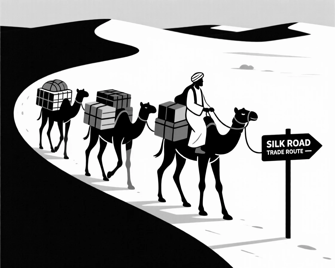 A caravan of traders crossing the Silk Road.