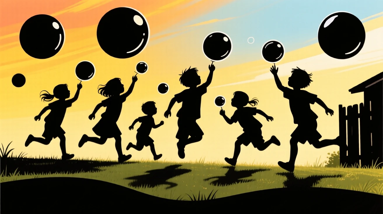 A group of children chasing bubbles across a sunlit backyard.