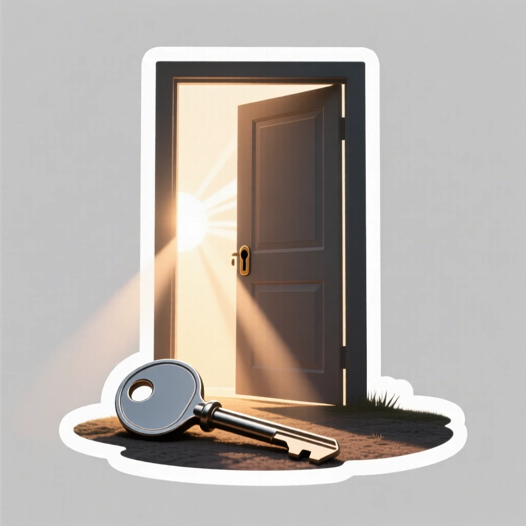 A deeply peaceful scene of a key resting beside a softly glowing open door, framed by soft rays of morning sun, capturing a moment of pure hope.