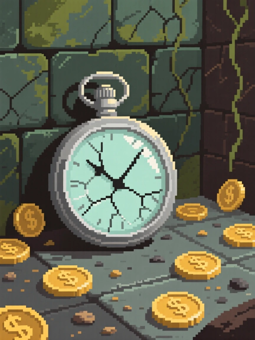 A pocket watch with a cracked glass face surrounded by scattered gold coins, inside a forgotten temple chamber.
