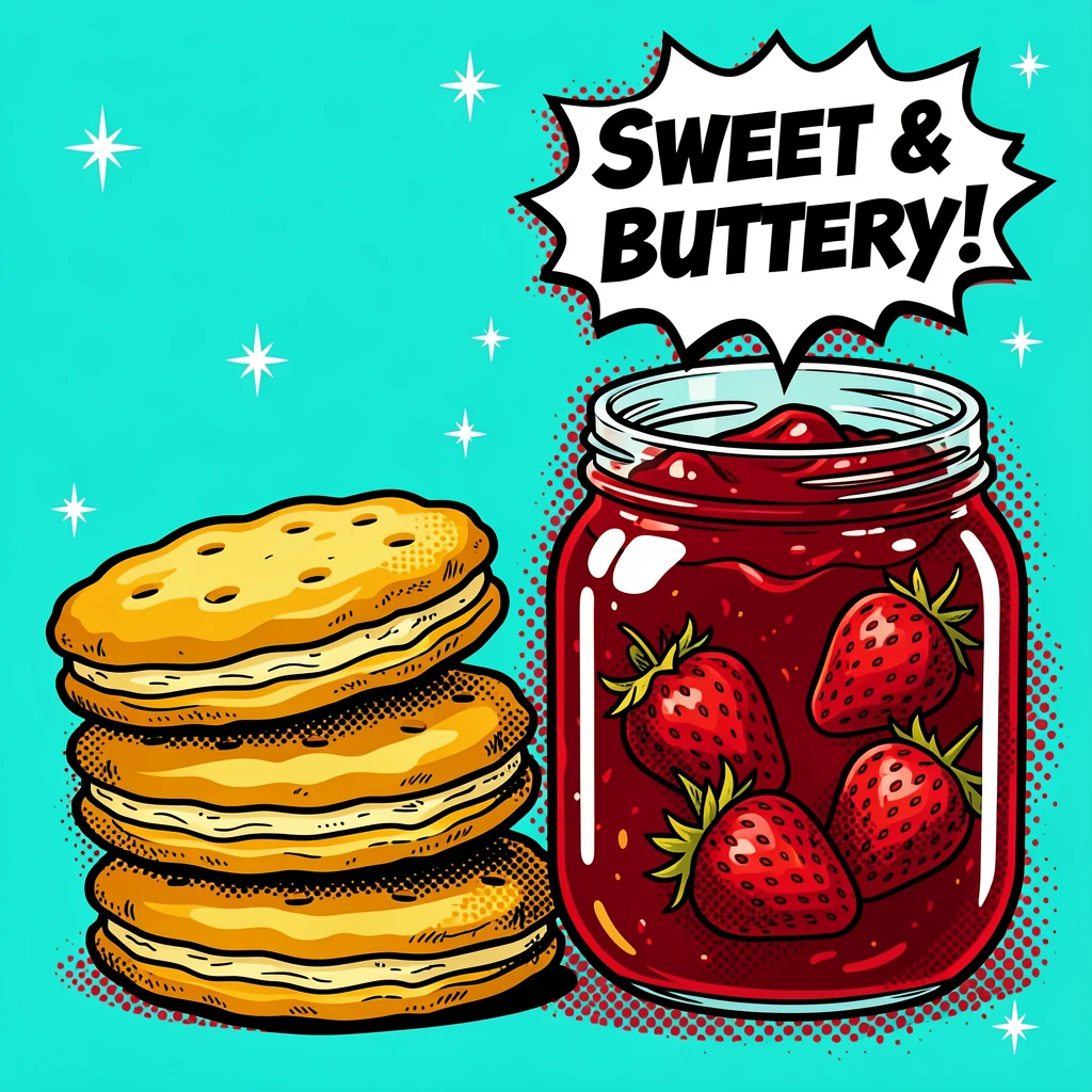 A stack of buttery biscuits beside a jar of homemade jam