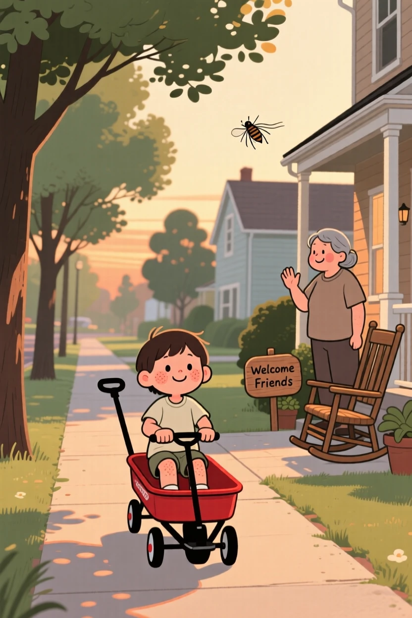 A child rides a red wagon down a tree-lined sidewalk on a warm summer evening, waving to a neighbor as the hum of cicadas drifts from a nearby porch.