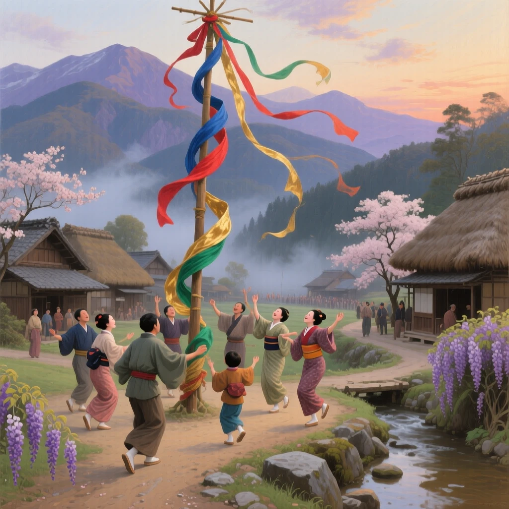 A broad landscape view of villagers dancing around a maypole decorated with colorful ribbons, in a Japanese mountain village, in the early 19th century.