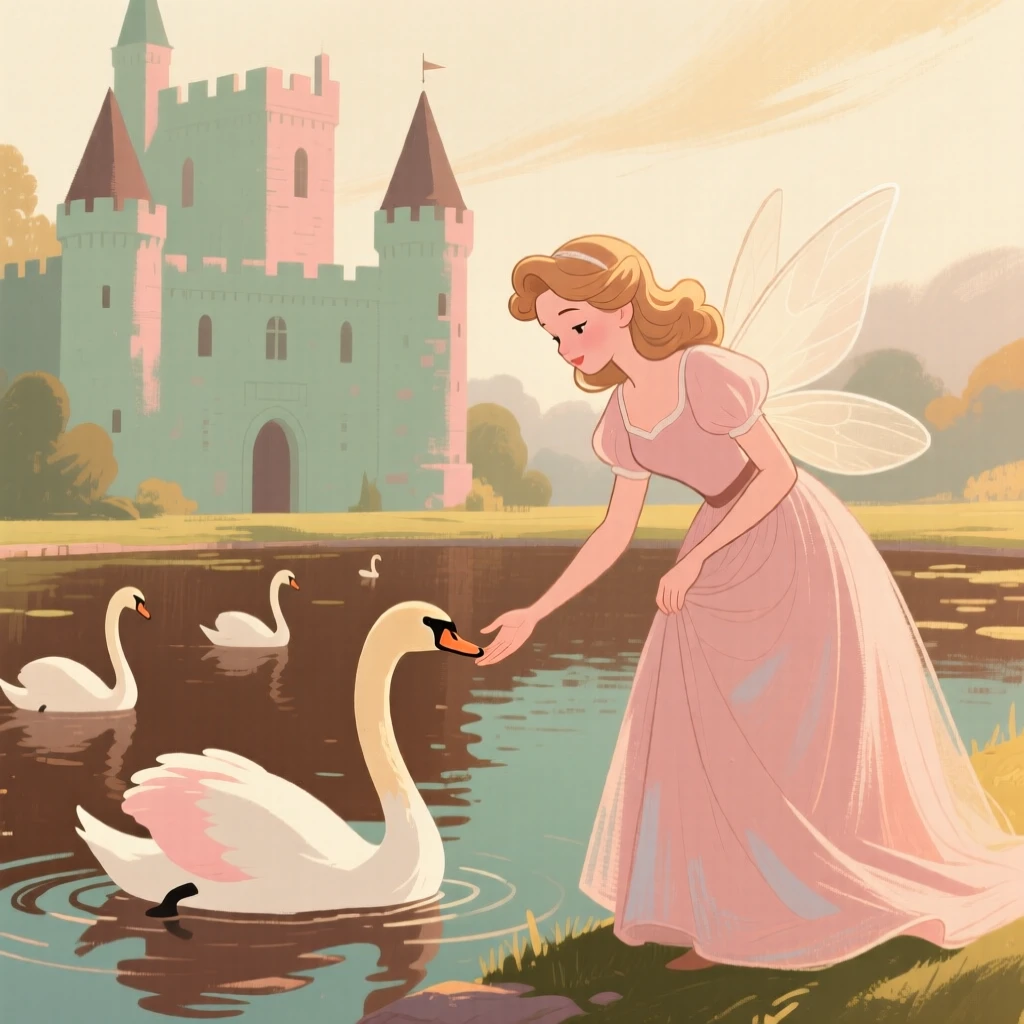 A fairy tale princess feeding swans beside a castle moat