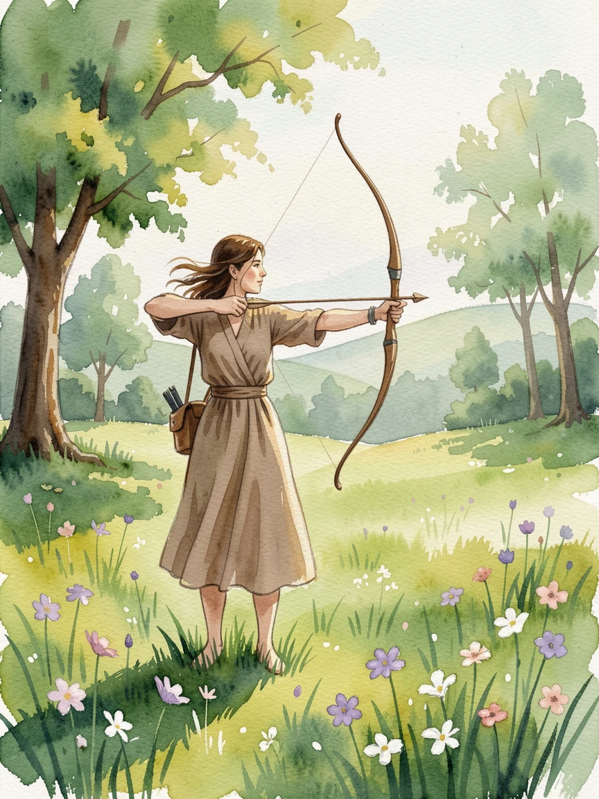 A woman practicing archery in a green meadow on a calm weekend afternoon.