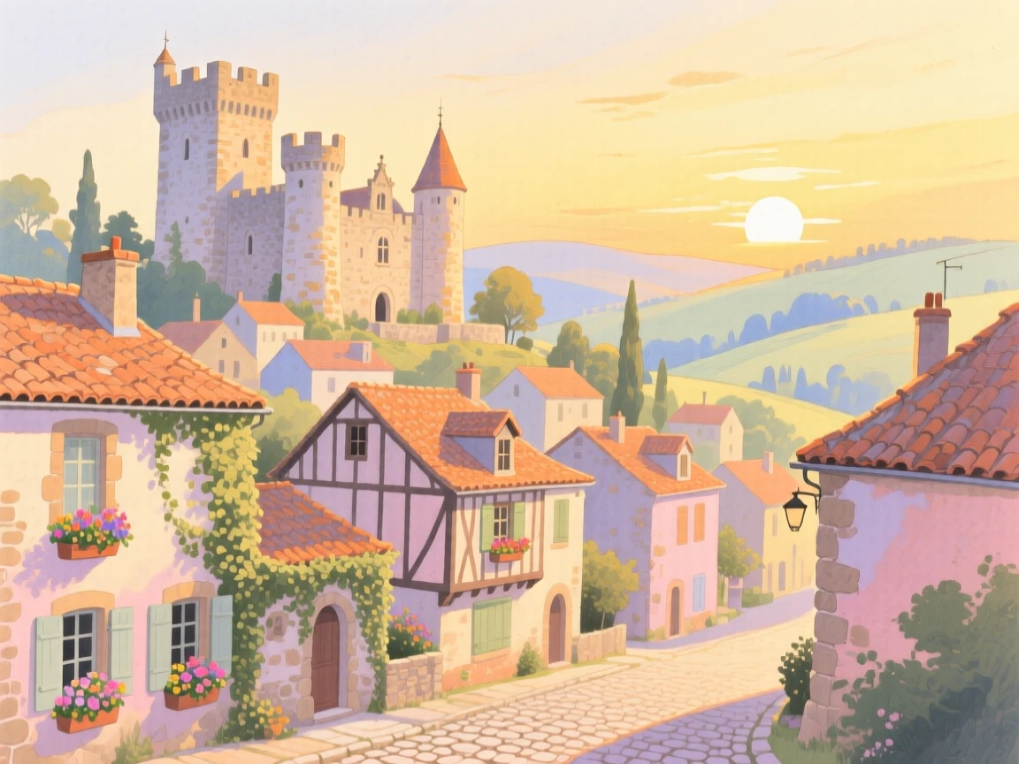 A picturesque view of a French countryside village with a castle rising above the rooftops, at golden hour