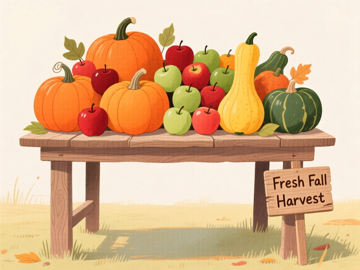A delightful still life of a farmstand table piled with pumpkins, apples, and squash.