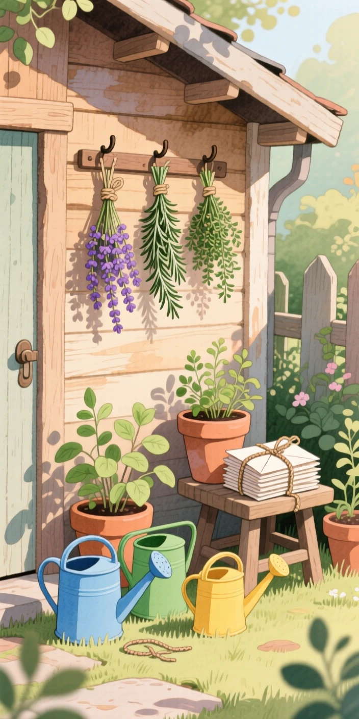 A garden shed with terracotta pots, watering cans, and hanging bundles of herbs, with a stack of letters tied with twine resting close by, radiating warmth and homely peace.
