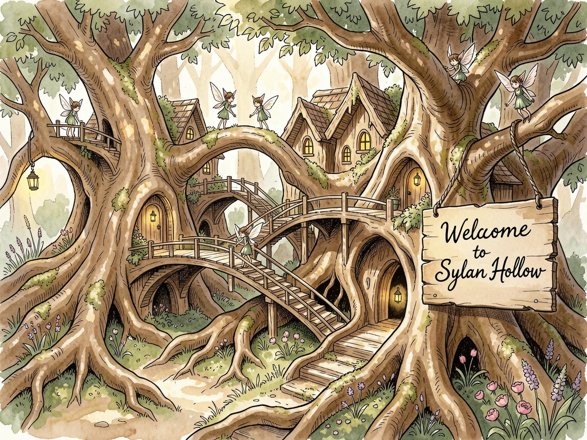 A hidden fae village built into the roots of an ancient tree, the atmosphere charged with quiet, ancient magic.