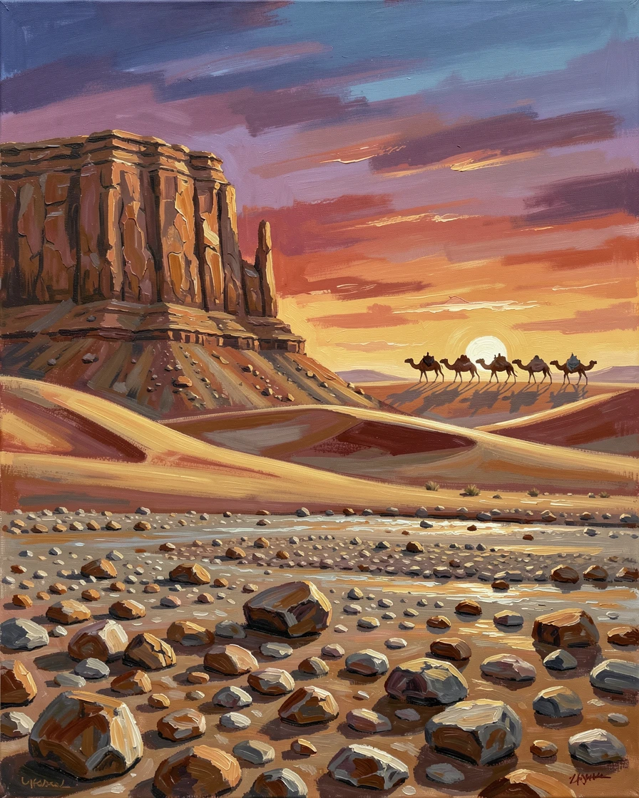 Beside a dry riverbed lined with scattered stones, a lone weathered mesa rising from the desert floor, a caravan of camels crossing the horizon, at sunset, long shadows stretching across the dunes.