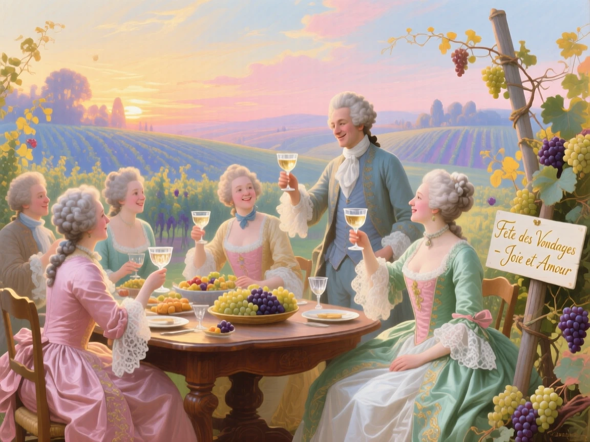 A harvest feast beside a vineyard with guests raising glasses at sunset  