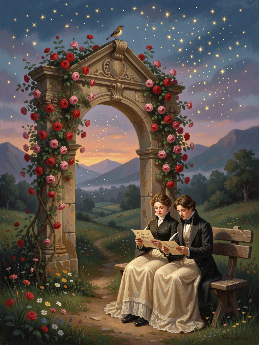 Two figures write love letters beside a rose-covered archway beneath a canopy of fireflies.