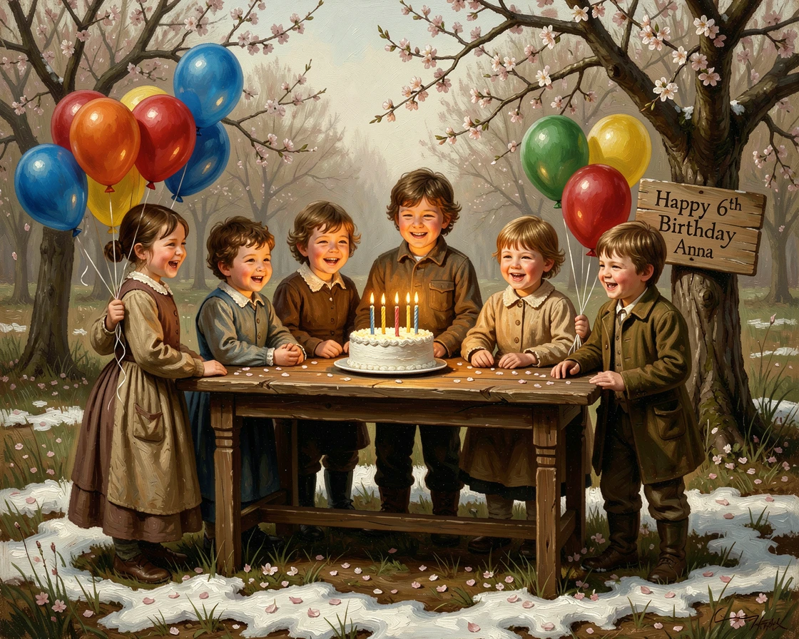 A festive birthday party with balloons, cake, and joyful children, with authentic seasonal textures like snow, leaves, or blossoms, offering a joyful, memorable seasonal scene for any collection