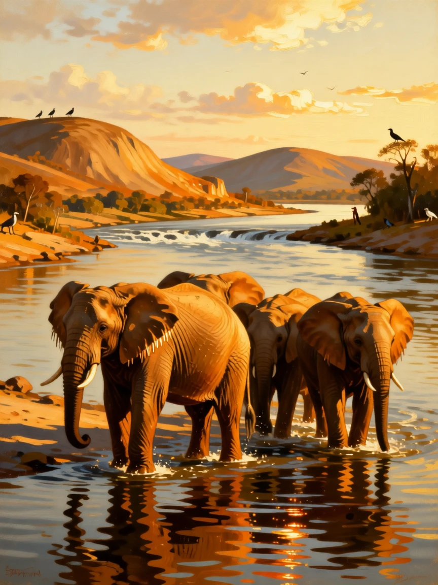 A herd of elephants crossing a wide river at golden hour at the peaceful, unguarded heart of the natural world, set beside a rushing river cutting through ancient hills, with feathers, fur, or manes catching the light in fine, luminous detail; the composition balances raw power with graceful, natural stillness, evoking wonder, majesty, and reverence for the natural world.