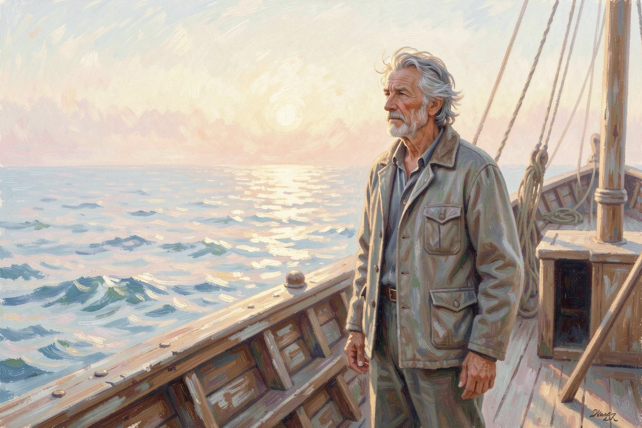 A weathered sailor gazing out to sea from the deck of an old wooden fishing boat, wind tousling his hair, in the gentle hush of early morning.