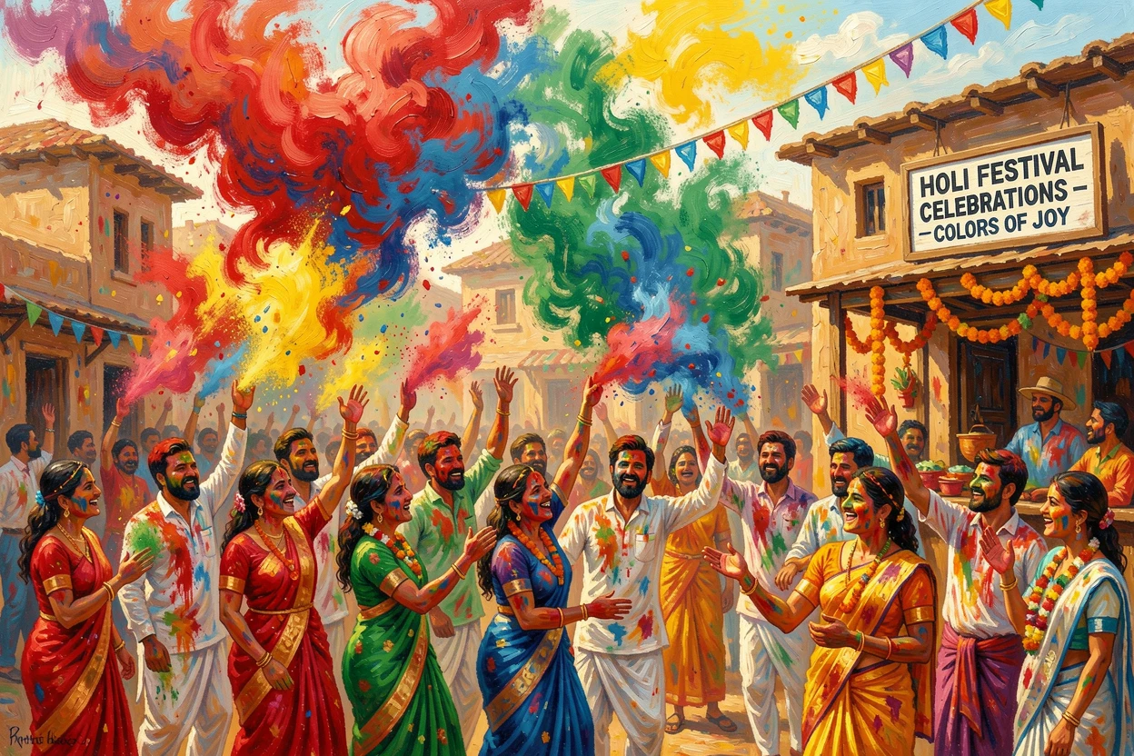 A vibrant Holi festival with clouds of colored powder filling the air in India.