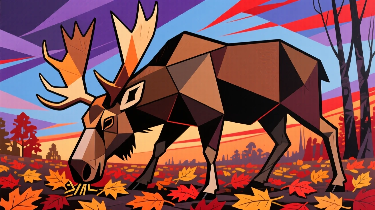 A striking view of a moose foraging among fallen autumn leaves beneath a dramatic sky.