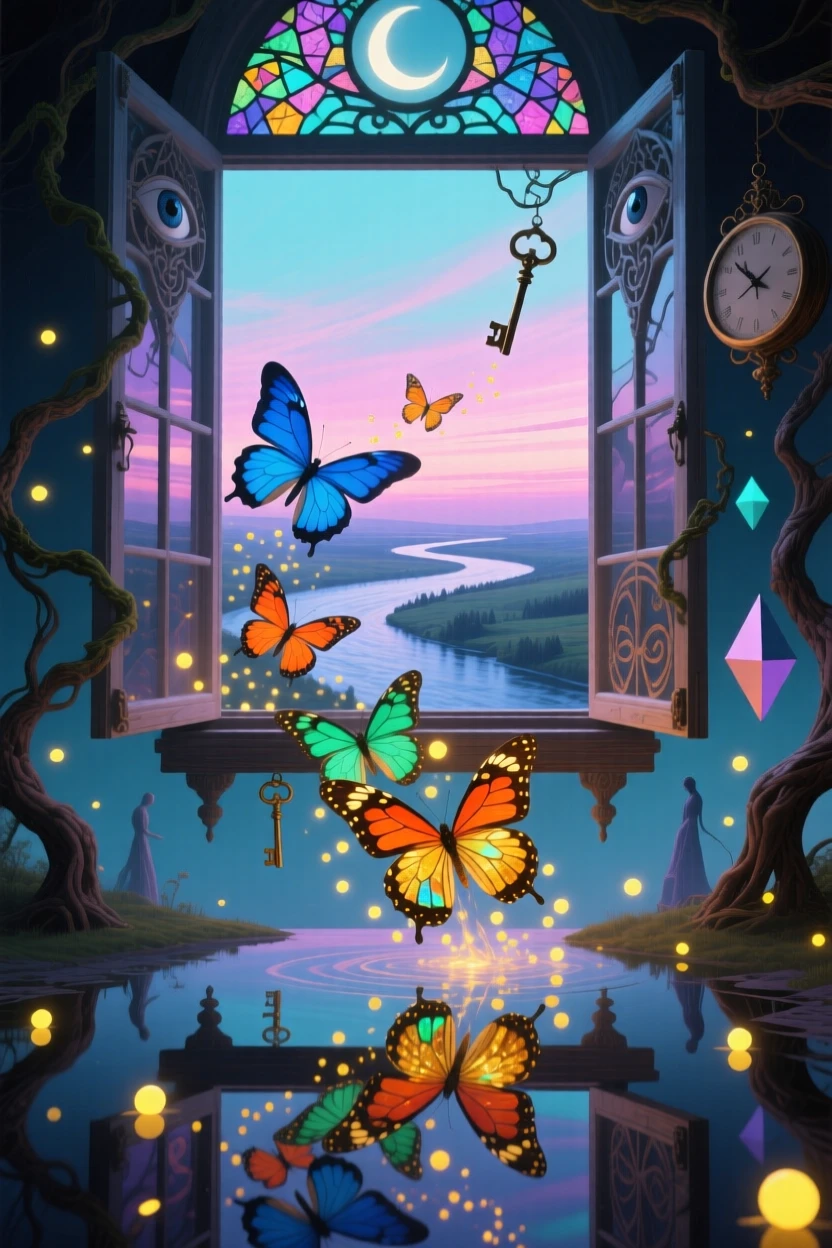 A swarm of butterflies pouring like a river from an open window travels slowly across a horizon streaked with soft color, while tiny lights trail gently in its wake.