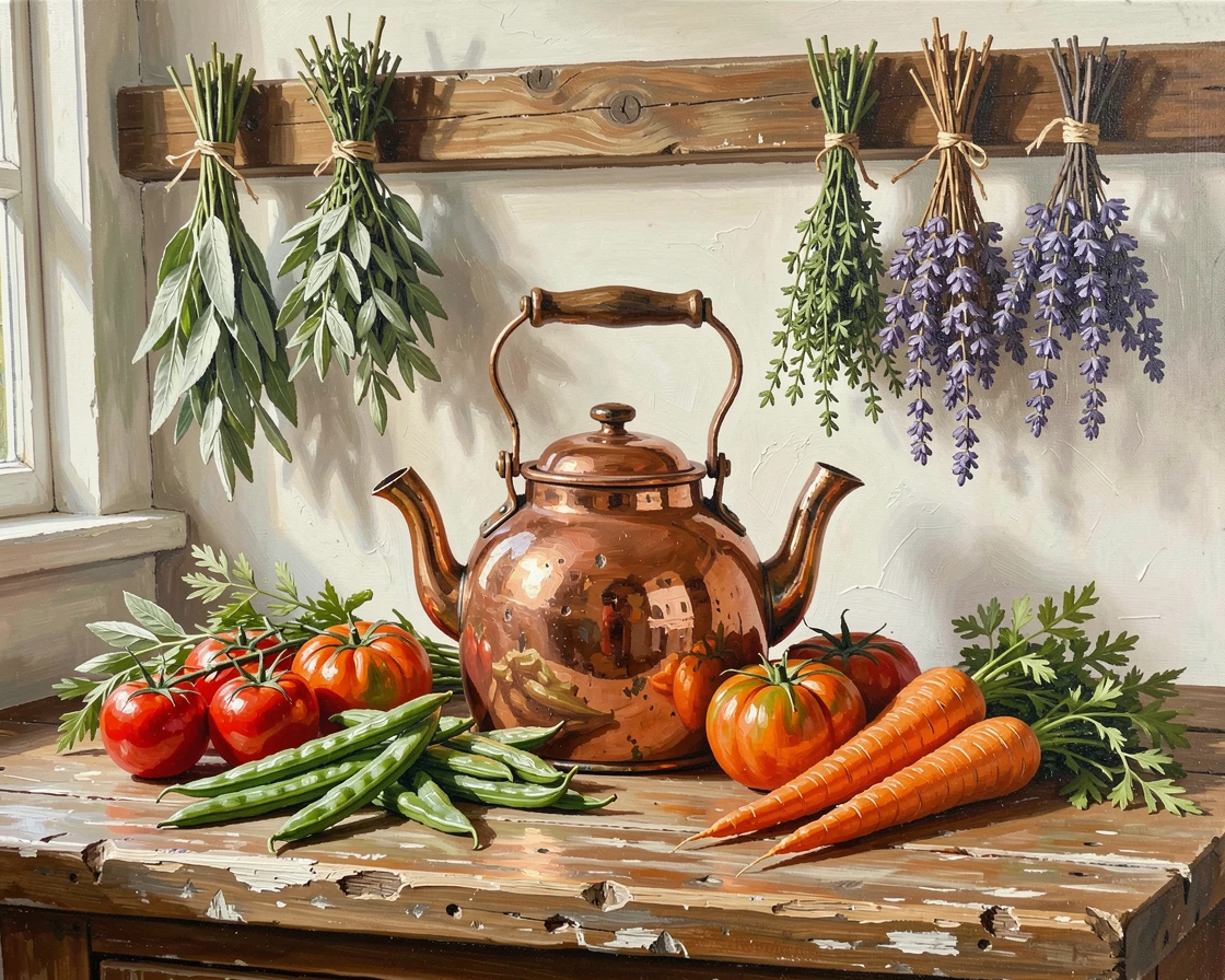 A rustic still life shows a copper kettle, dried herbs hanging from a beam, and fresh vegetables arranged on a farmhouse countertop, everything rendered with quiet clarity under the steady, natural light of the hour.
