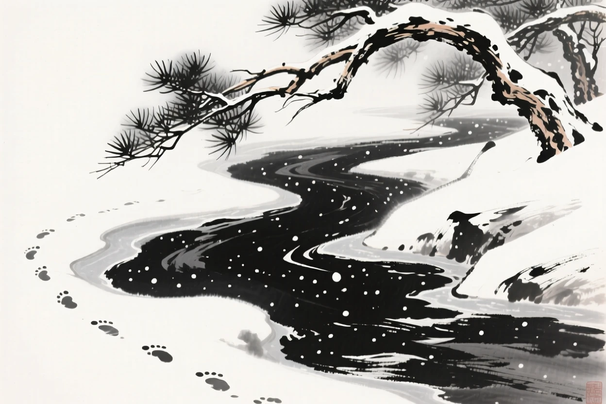 Snow-laden pine branches bend low over a frozen mountain stream, with footprints trailing off into the falling snow.