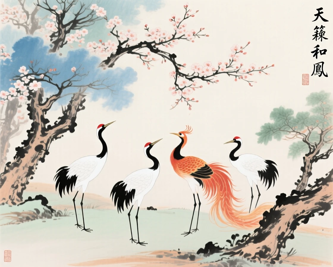 A heavenly garden where cranes and phoenixes gather beneath blossoming trees, conveying a deep sense of harmony with nature.