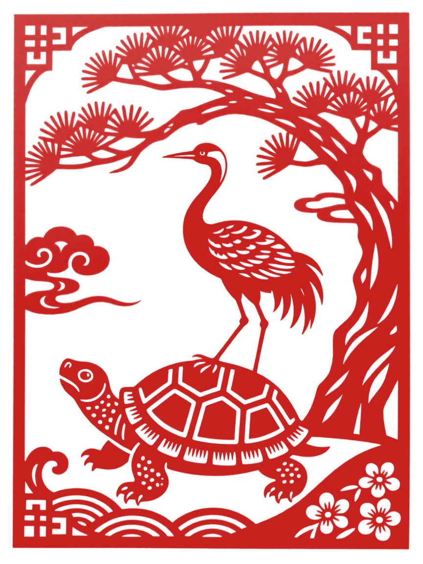 A crane standing on the back of a tortoise beneath a pine tree, a classic symbol of enduring life