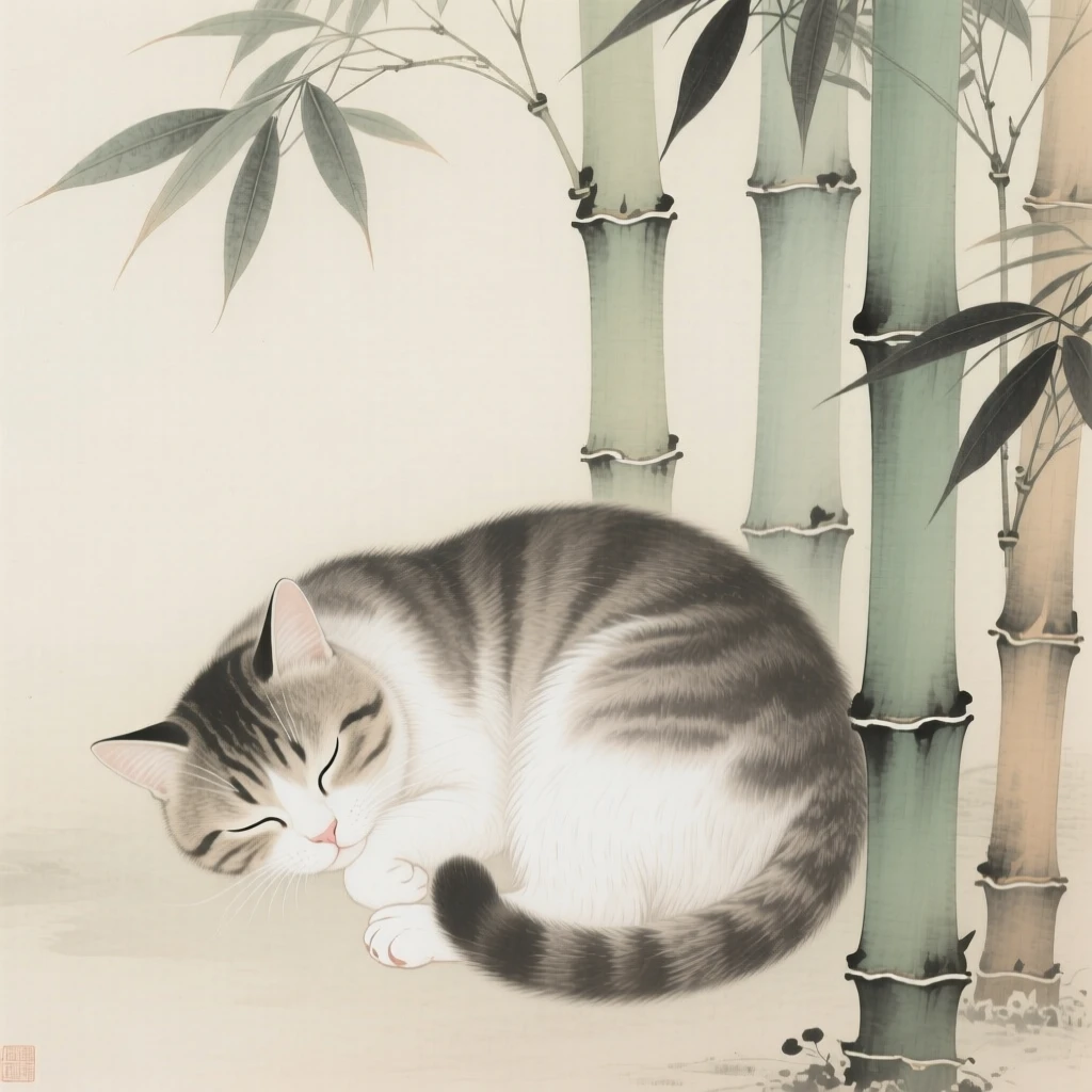 A cat curled up asleep nestled among bamboo stalks