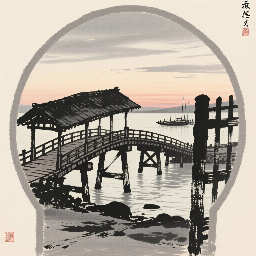 An old covered wooden bridge overlooking a calm harbor at dusk, framed through an archway or gate for depth, suggesting timeless craftsmanship and peaceful tradition.