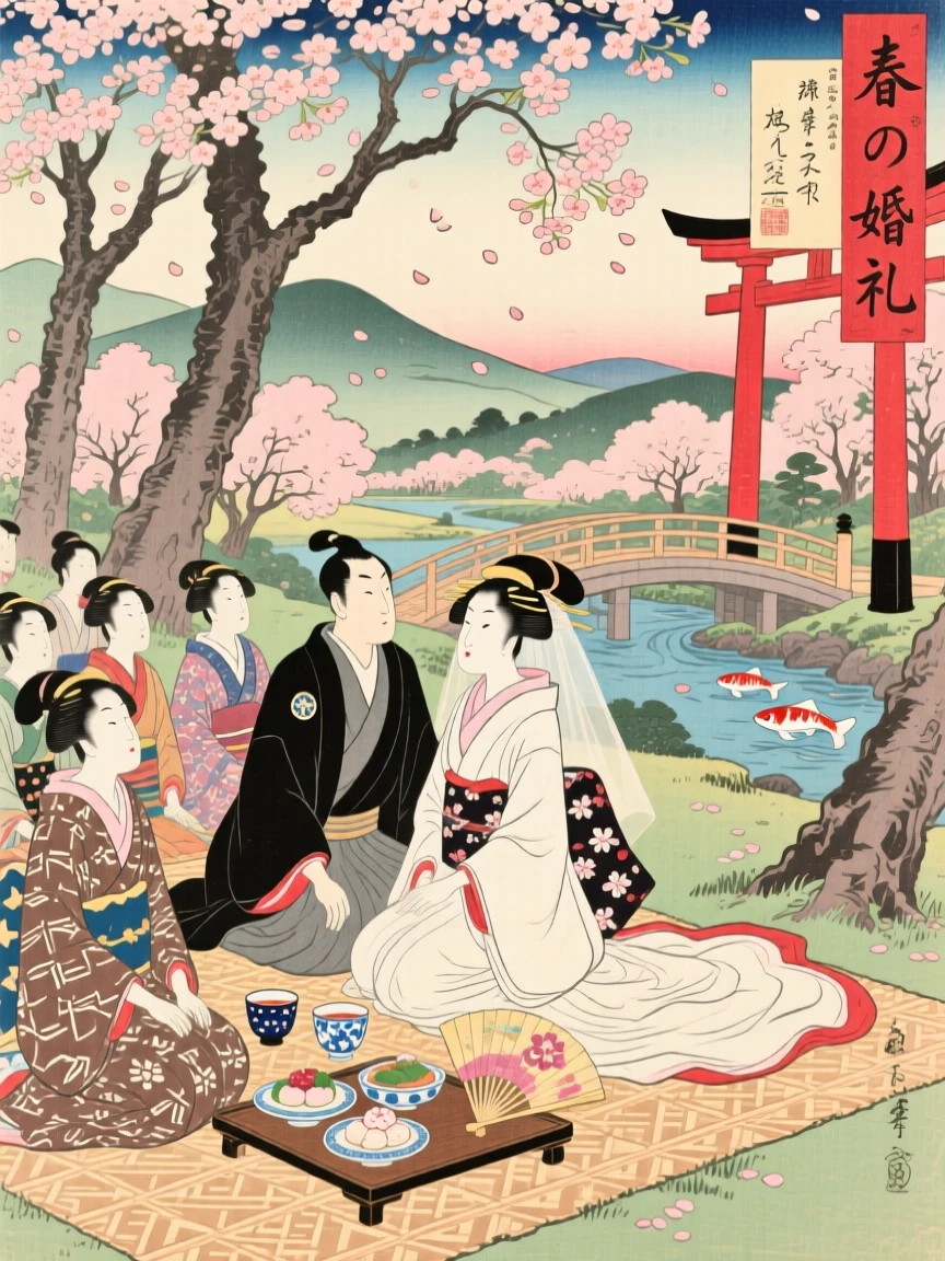 A wedding procession spread on picnic blankets beneath blooming trees.