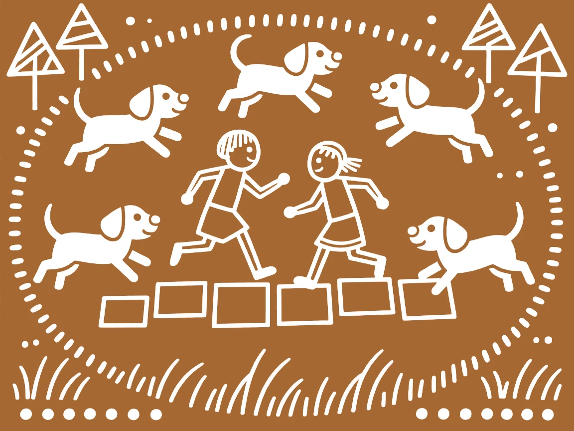 A group of playful puppies chasing children playing a traditional hopping game.