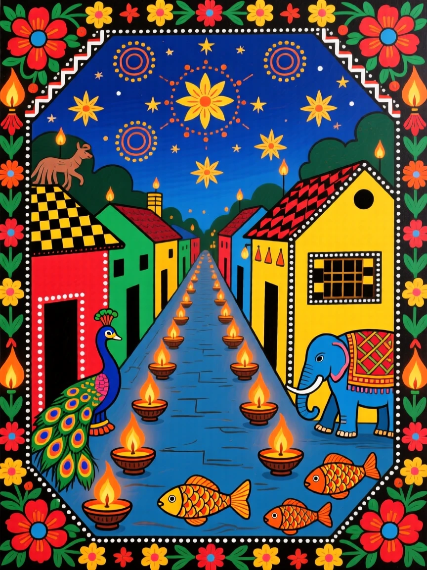 A festival of lights filling a village with rows of glowing lamps.