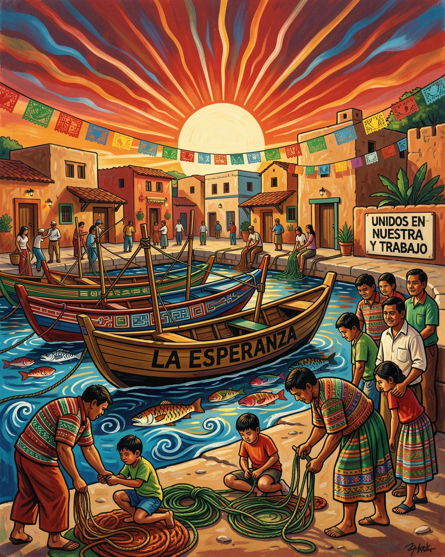 A fishing village with colorful boats lining a quiet harbor