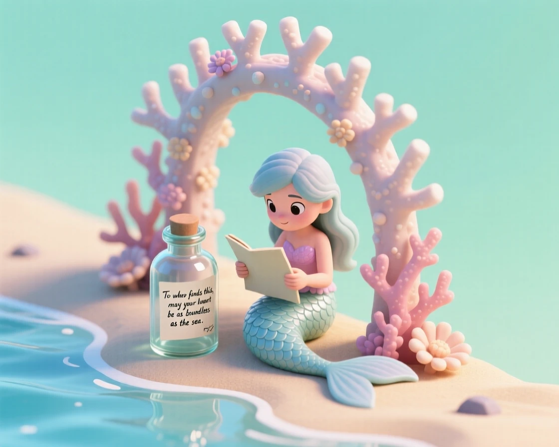 A message in a bottle washing ashore, a mermaid curiously reading the note beneath a coral archway.