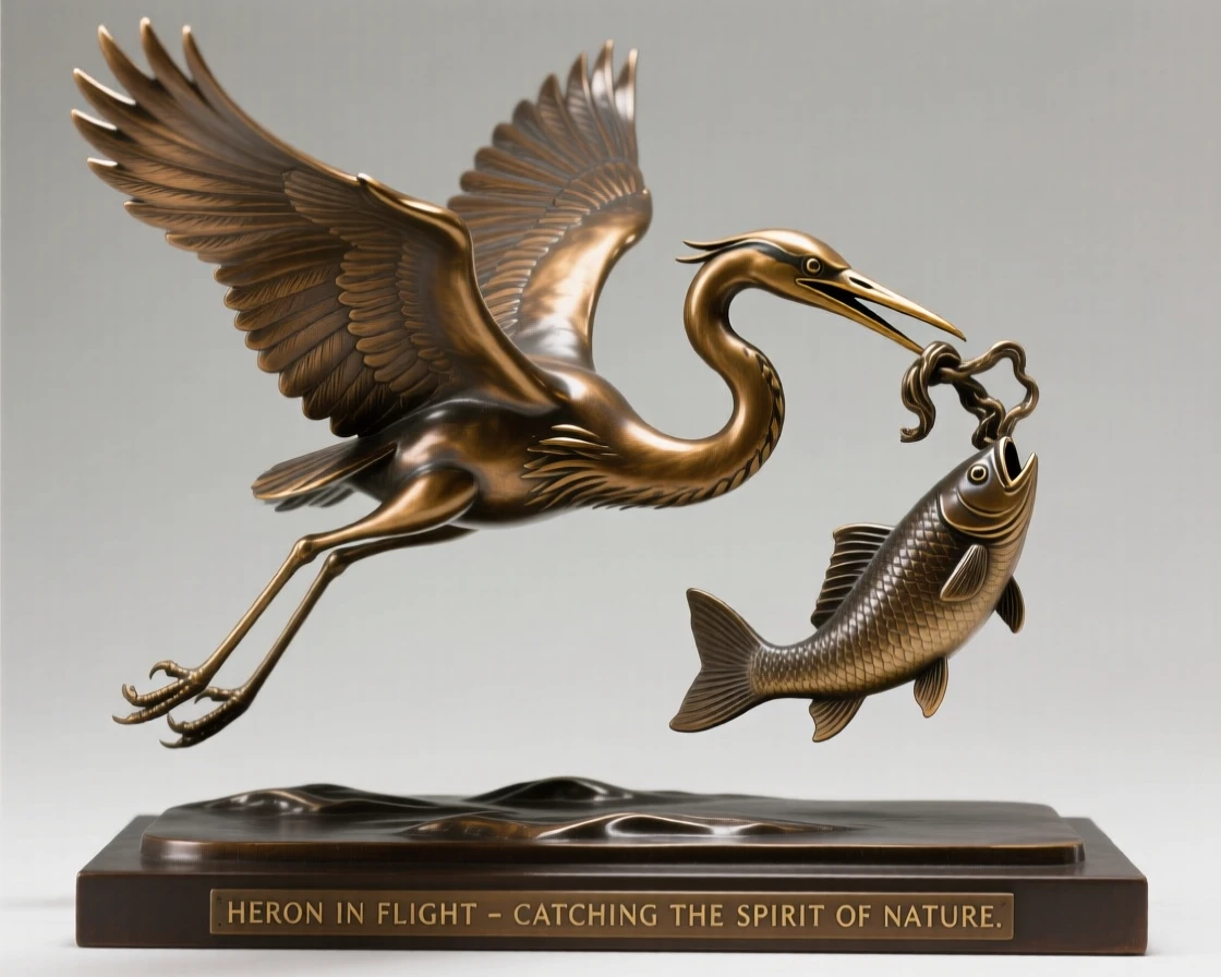 A heron catching a fish in mid-flight, rendered with rich, dynamic energy, evoking wonder and majesty
