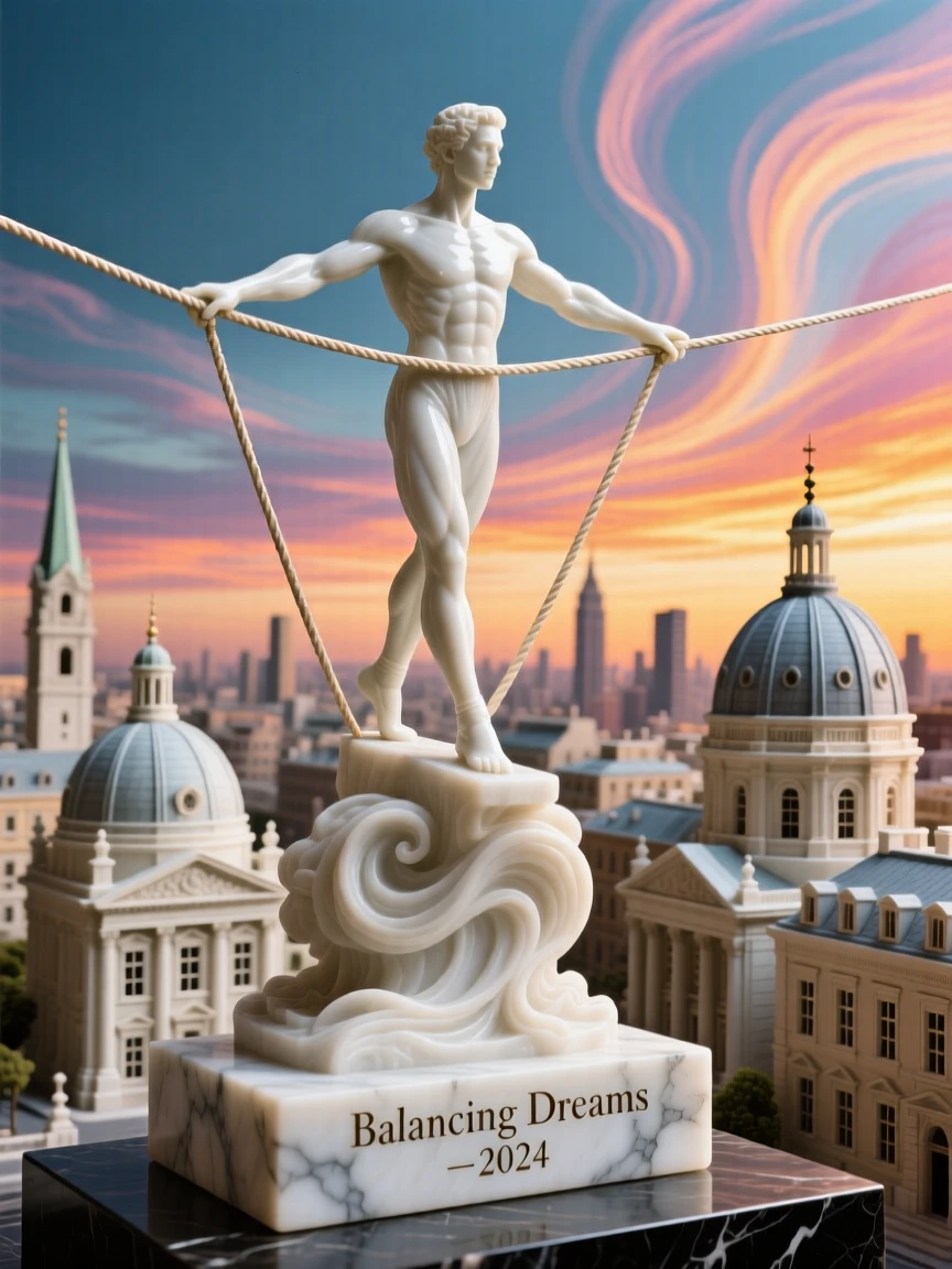 A beautifully composed image of a tightrope walker balanced high above a city, under a brilliant, colorful sky, full of atmosphere and visual storytelling