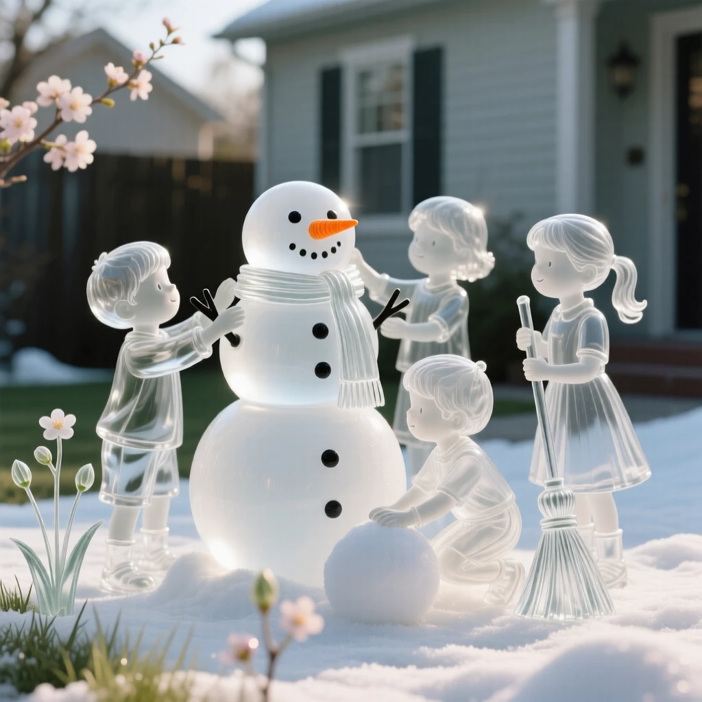 Children building a snowman together in a quiet front yard, as the first blossoms of spring begin to open