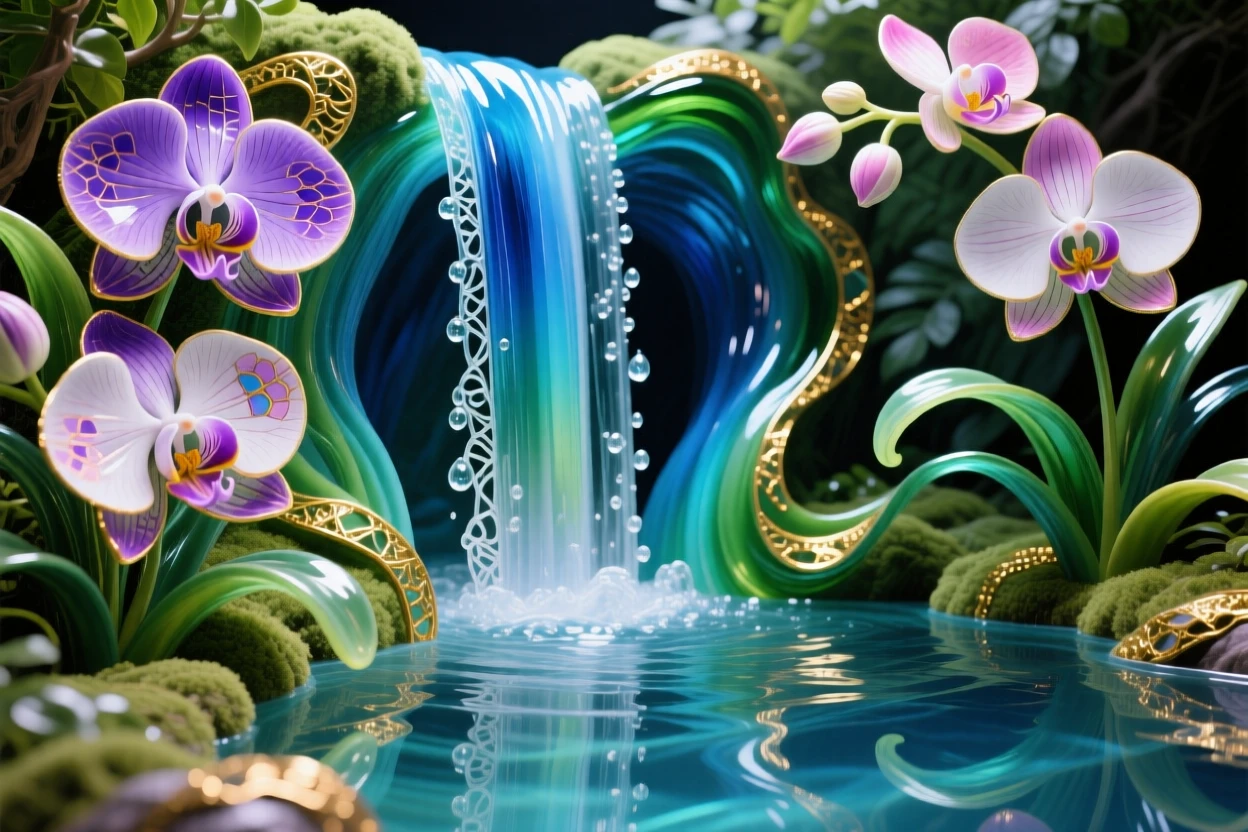 A grand waterfall pouring into a hidden pool surrounded by blooming orchids, lush and mystical.