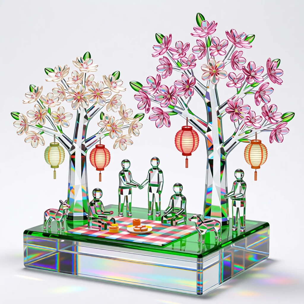 A springtime cherry blossom festival with paper lanterns and picnic blankets.