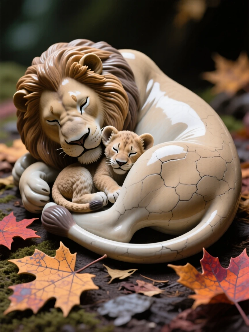 A resting lioness curled protectively around its young, framed by scattered autumn leaves, capturing a fleeting moment of untamed grace.