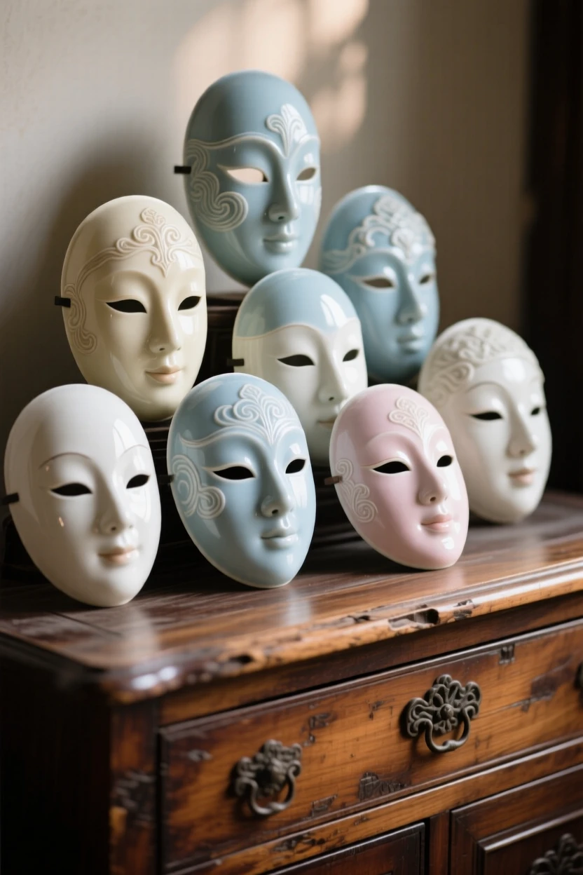 A collection of decorative masks arranged across an antique dresser, softly lit to highlight fine detail.