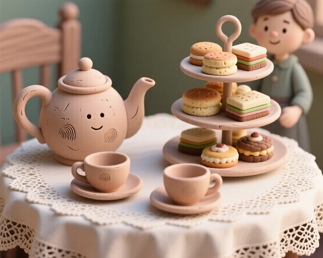 A traditional English afternoon tea set on a lace tablecloth