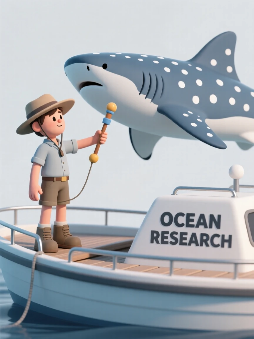 A determined marine biologist tags a gentle whale shark from the deck of a small research boat.