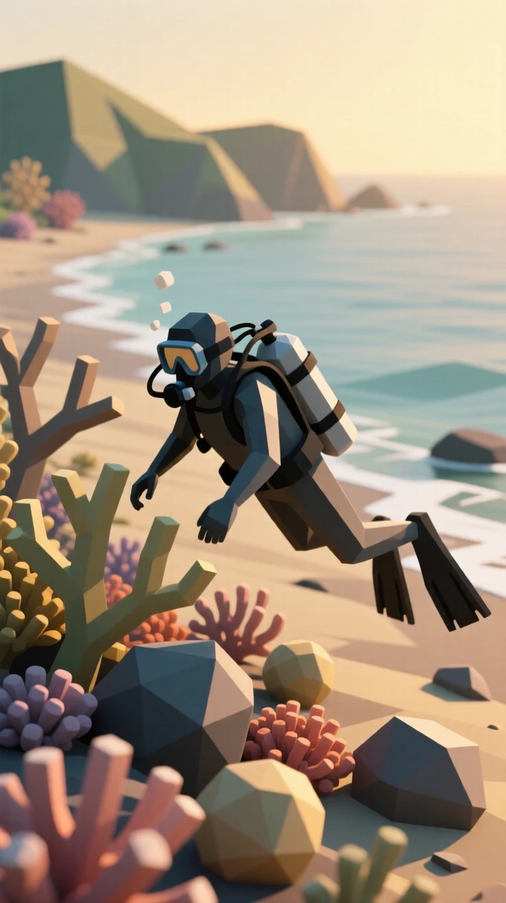 A diver exploring a vibrant coral reef, at golden hour by the coastline. a shallow depth of field keeps the action sharply in focus. The mood feels adventurous and free.