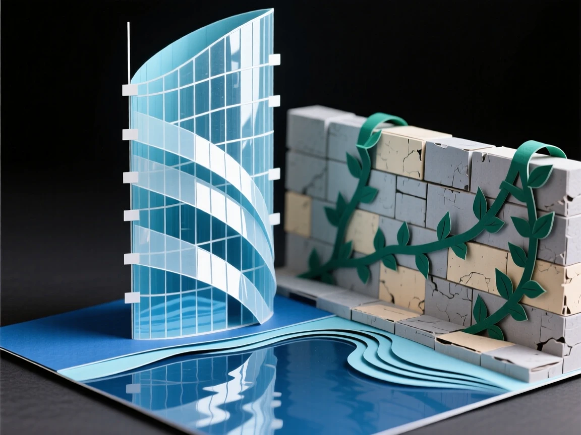 A futuristic curved glass skyscraper reflecting brilliantly in nearby still water, with ivy climbing along weathered stone walls, capturing refined elegance and history.