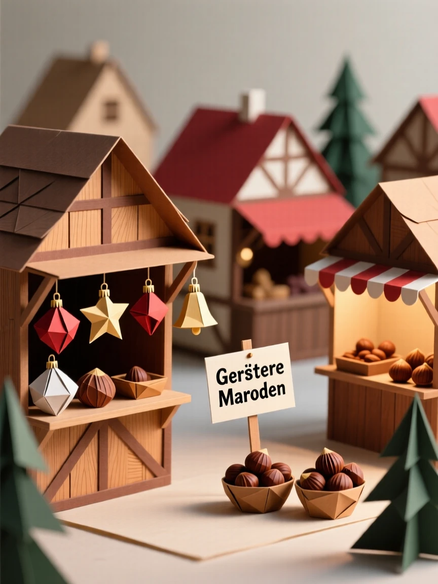 A German Christmas market scene with wooden stalls selling ornaments and roasted chestnuts.