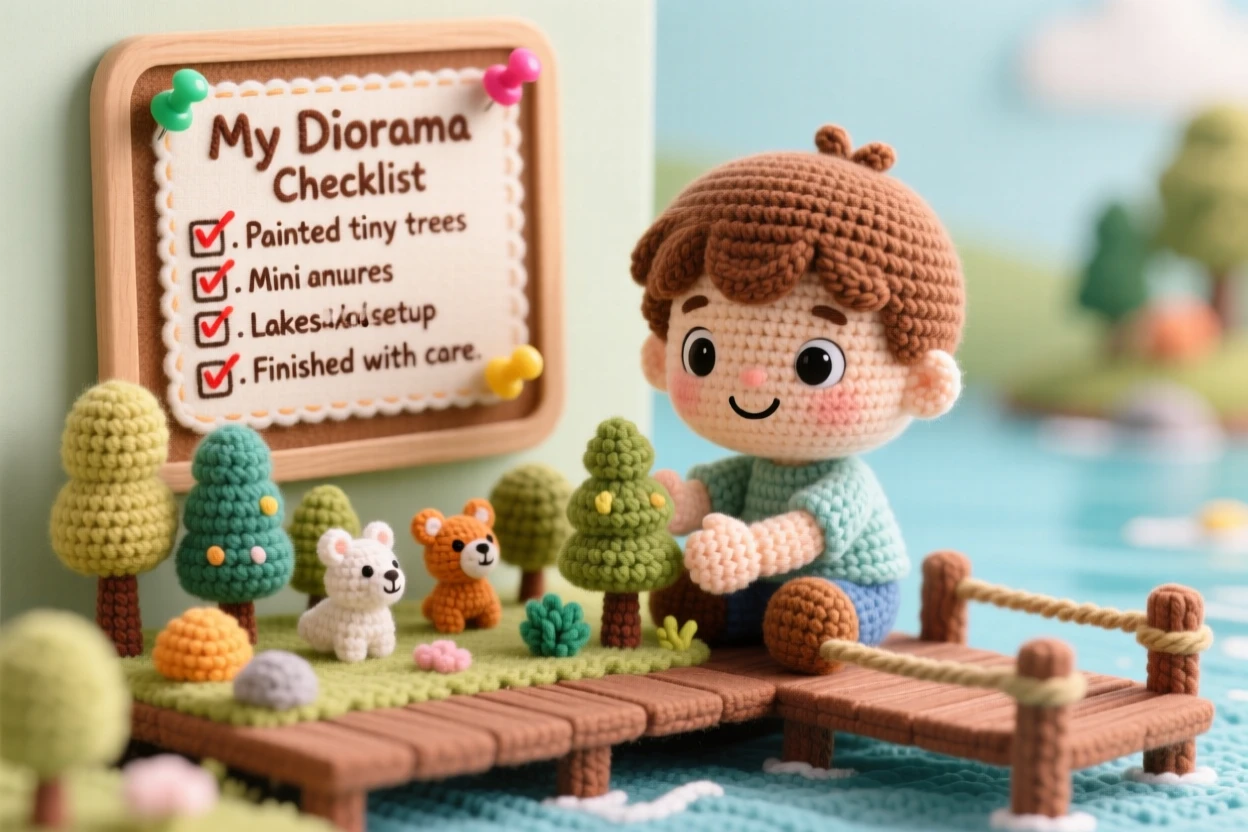 a small boy building a diorama for school, with small painted figures, is captured arranging a tiny forest scene in a peaceful lakeside dock beside a cheerful checklist pinned to a board, showing cheerful curiosity and hands-on delight.