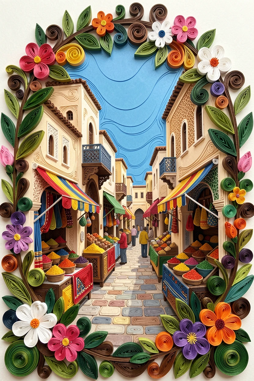 a Moroccan medina with colorful market stalls and archways, framed by blooming seasonal flowers in the foreground, framed within a natural archway of foliage, in crisp, clear tones under a bright blue sky.