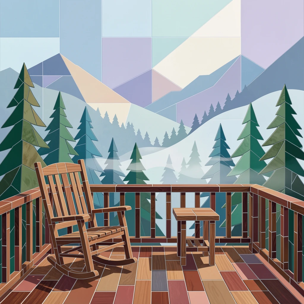 A charming, nostalgic scene of a quiet mountain cabin porch with a view of misty pine forests, evoking calm and comfort.