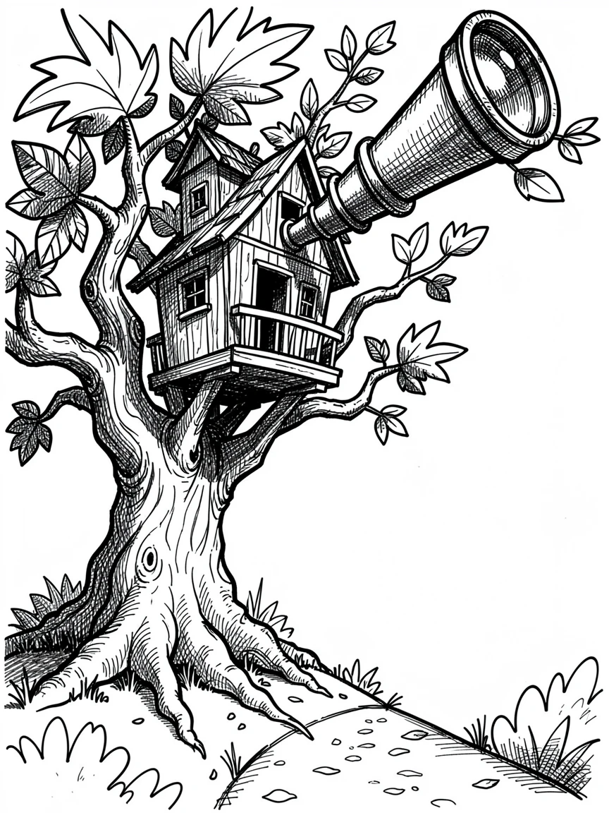 A treehouse fort with a telescope pointed at the stars beside a winding forest path.