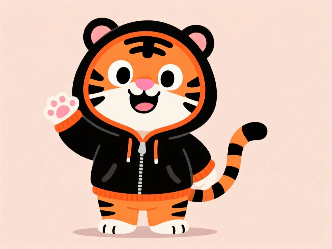 Adorable cartoon tiger in a black hoodie with orange accents, showcasing a playful and modern design against a plain background.
